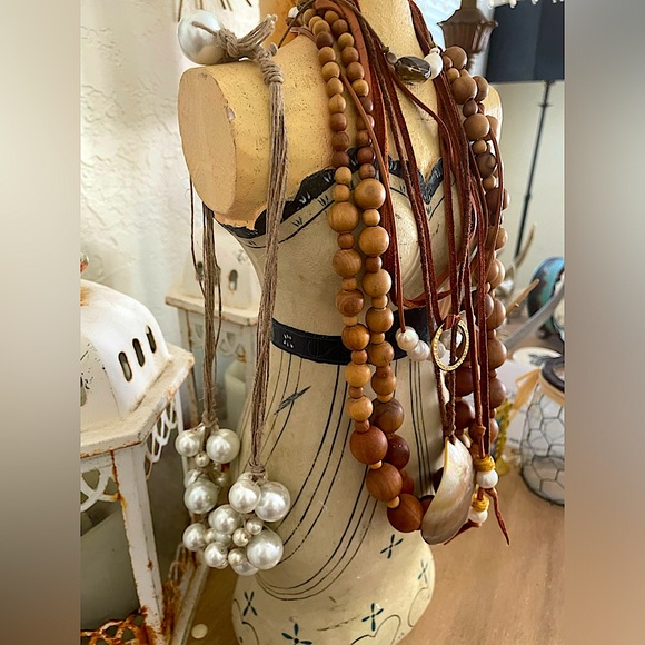 Gorgeous Nature Natural Wooden Bead Necklace Collection w Pearls, Abalone, Jute - Picture 4 of 12